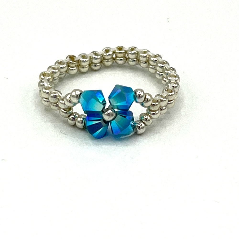 HAND CRAFTED Blue Crystal and Silver Ring